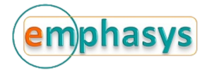 Logotipo emphasys. "e" en color naranja y resto de letras en color verde bajo fondo blanco y con circunferencia en color verde.